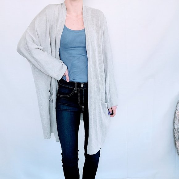 DONNI. Anthropologie Ribbed Long Line Striped Open Front Lagenlook Cardigan - Picture 2 of 10